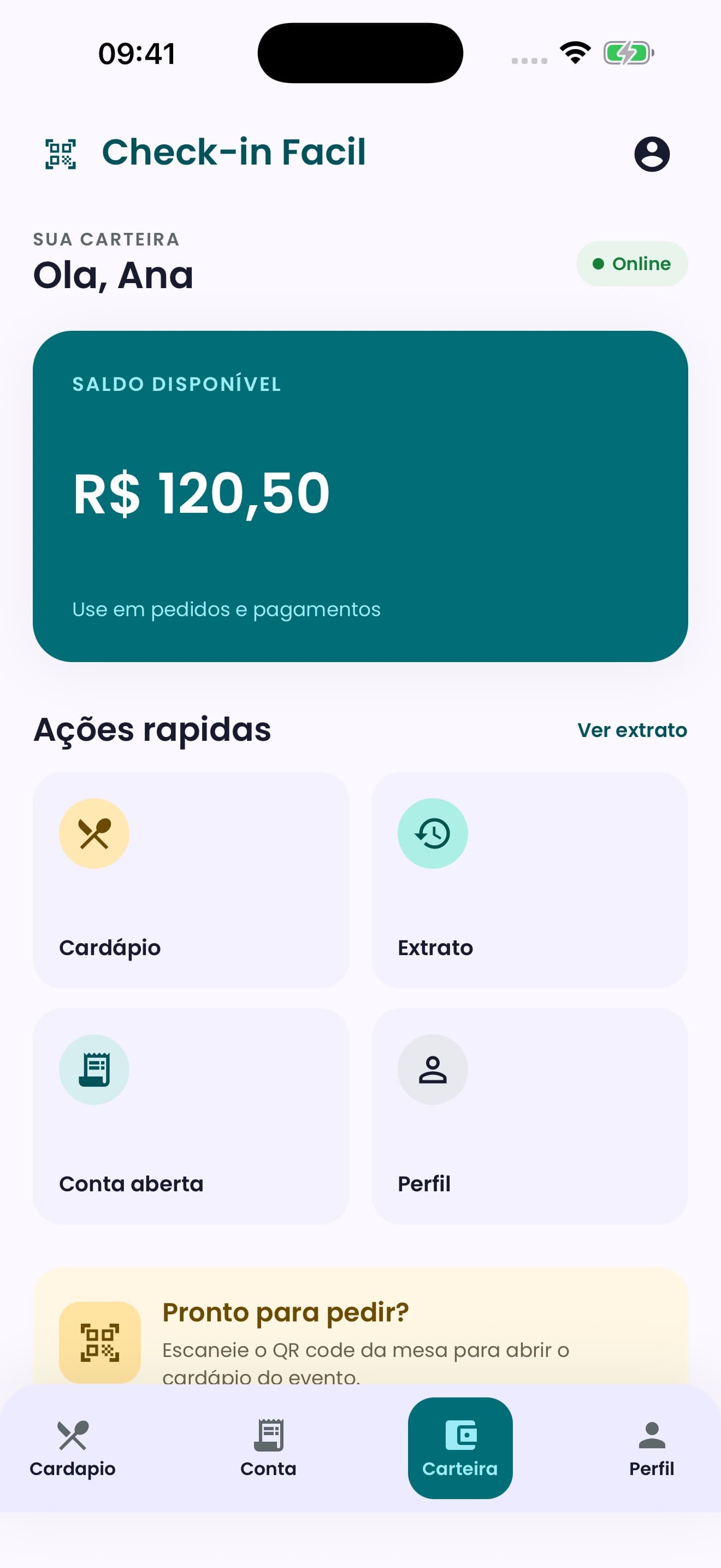 Tela demonstrativa da carteira do Check-in Fácil, com saldo e atalhos para cardápio, extrato e conta aberta.