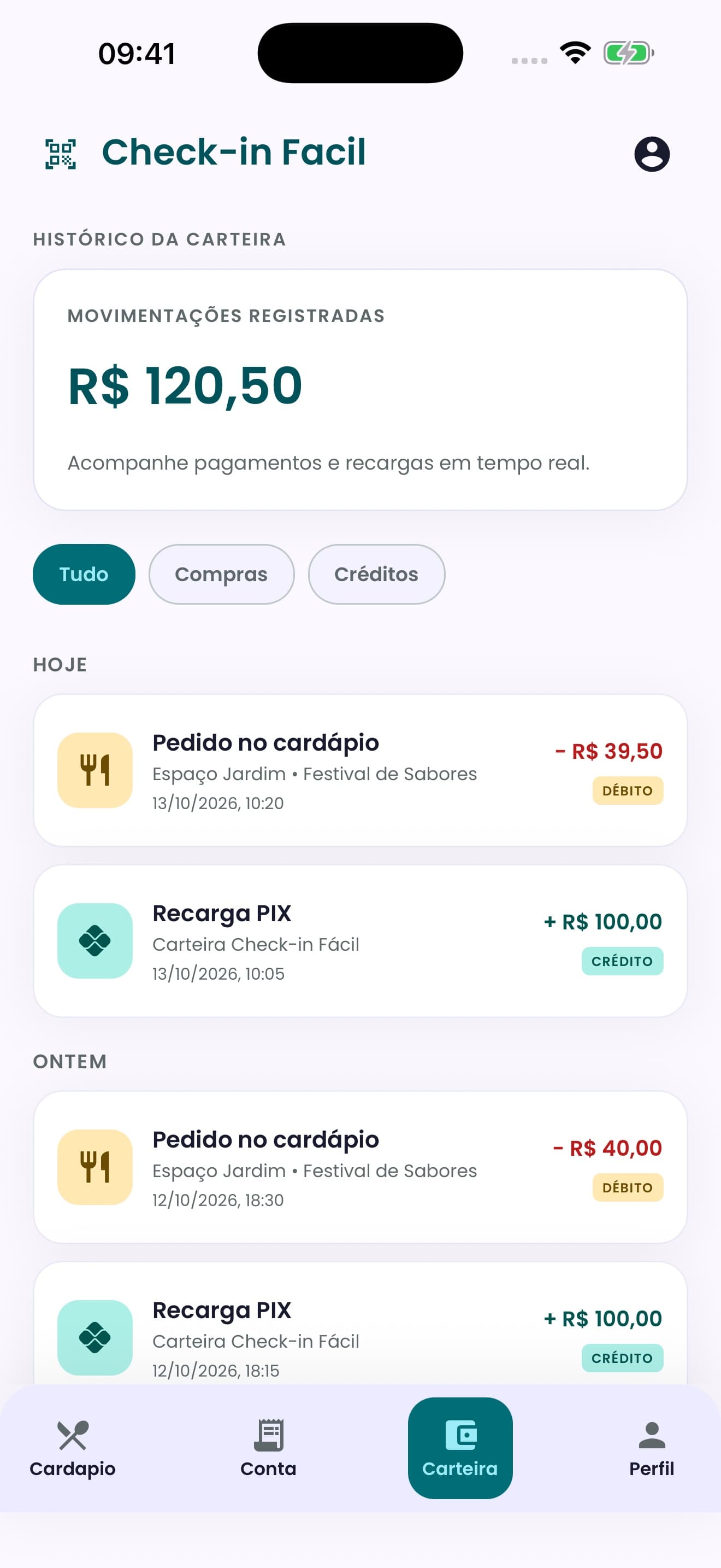 Tela demonstrativa do extrato do Check-in Fácil, com histórico de compras e créditos e opções de filtro.
