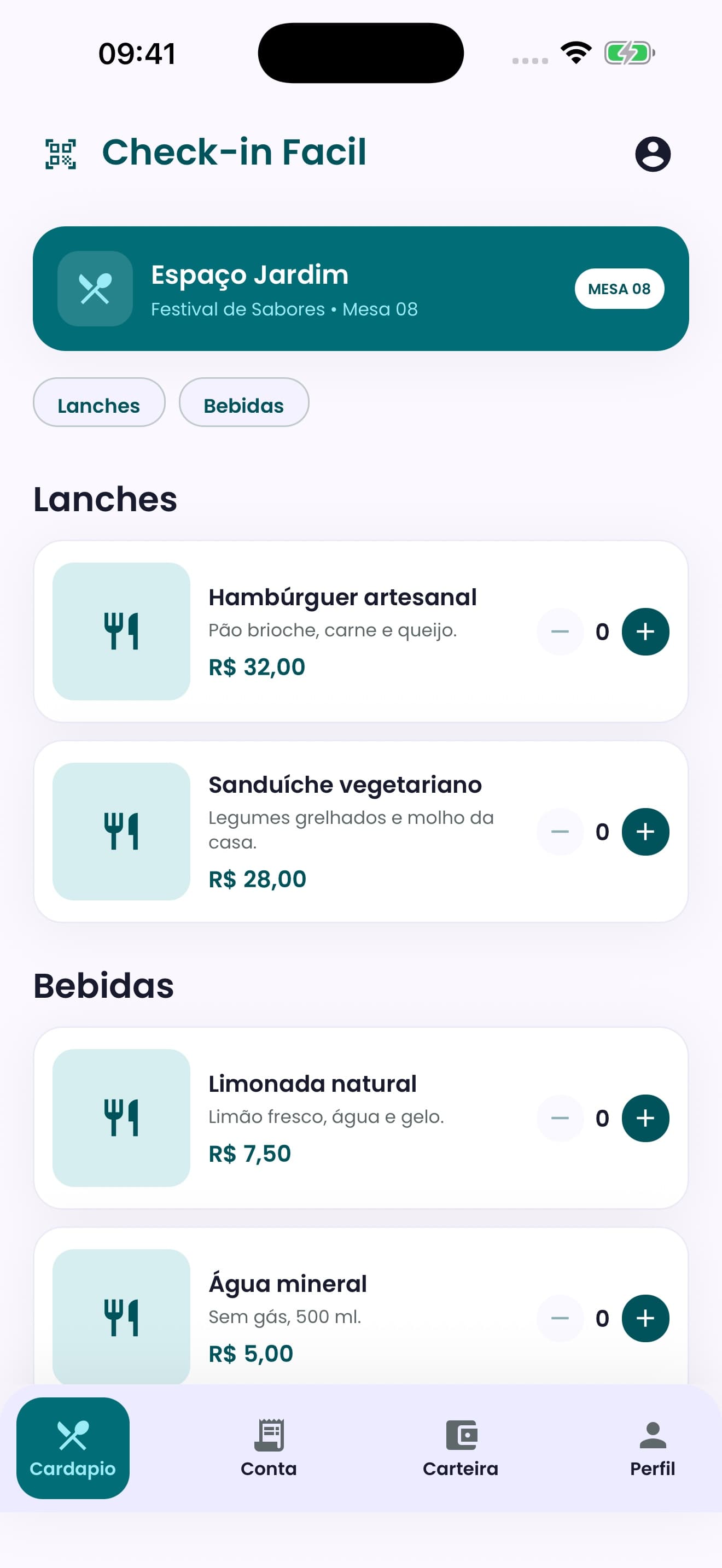 Tela demonstrativa do cardápio no aplicativo Check-in Fácil.