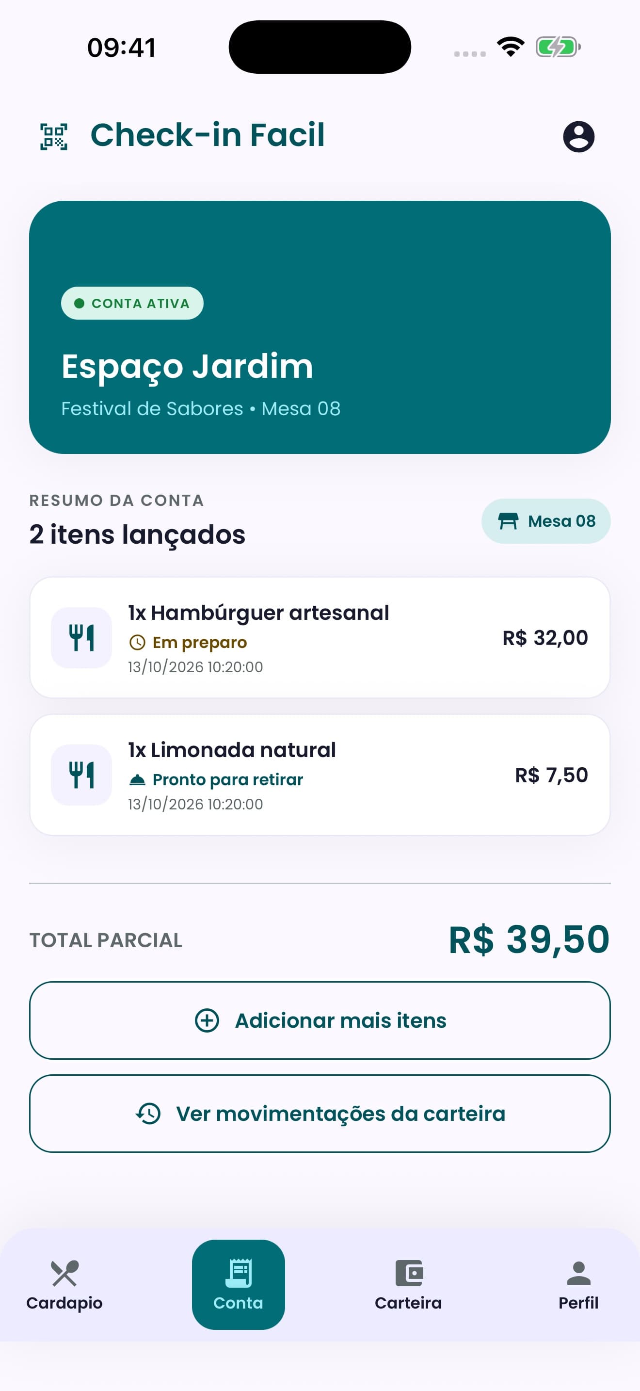Tela demonstrativa da conta aberta no aplicativo Check-in Fácil.